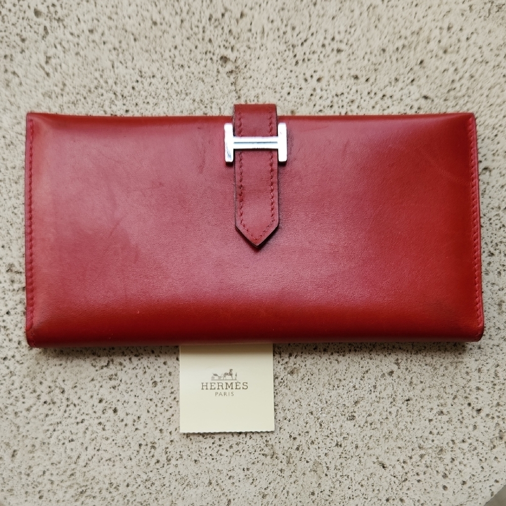 Hermès Red Bearn Portefeuille Clasique Veau BOX VRRMILLON